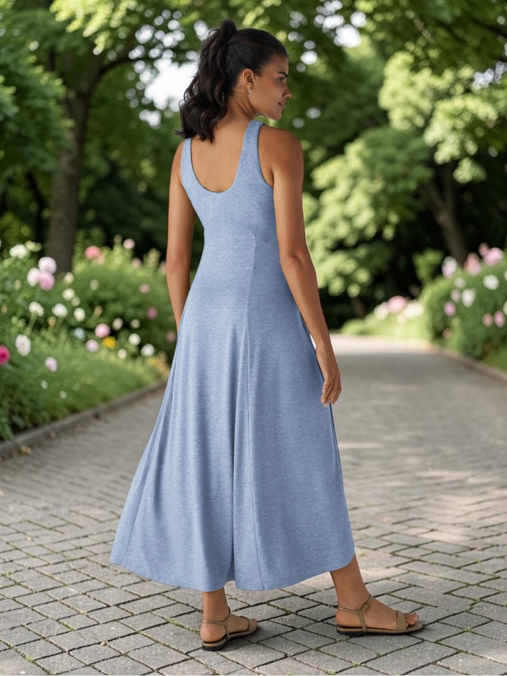U-neck Cloud Blue Flowy Maxi Casual Tank Dress NIP ☀️☁️
